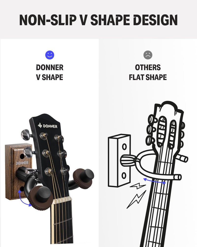 Donner حامل جدار الجيتار دونر 3 عبوات، حامل جدار الجيتار من الجوز الأسود للجيتارات الصوتية والكهربائية، الباس، اليوكليلي الشعبي، الكمان، الماندولين، البانجو وآلات الوتر - Image 4